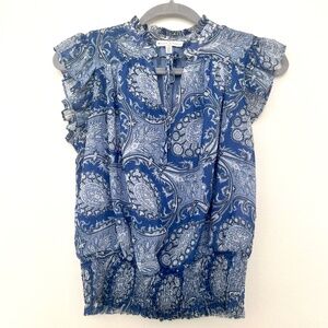 Blue paisley ruffle sleeve smocked waist blouse size S